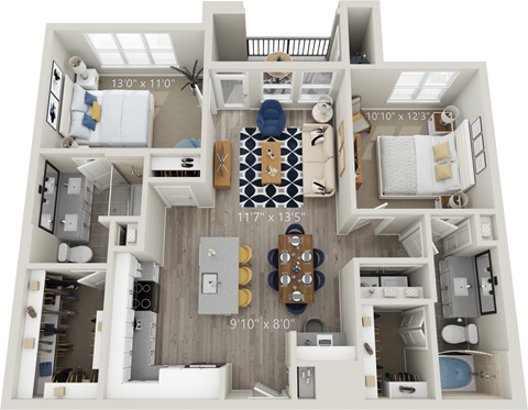 B2 - Luxury two bedroom apartment with living room kitchen with island laundry room two bathrooms with bathtub and shower walk in closet and patio with storage